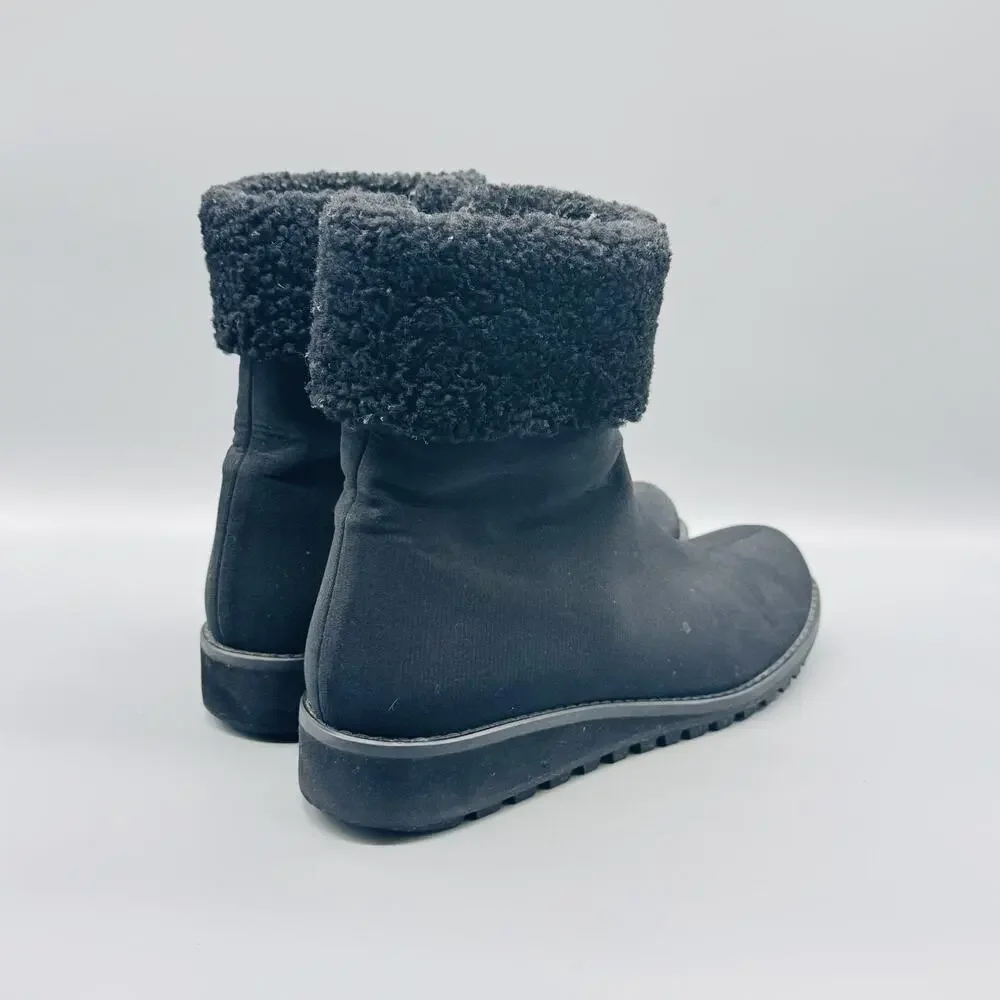 Stuart Weitzman Boots Womens 8 Black Ankle Shearling Cuff Side Zip Wedge Winter